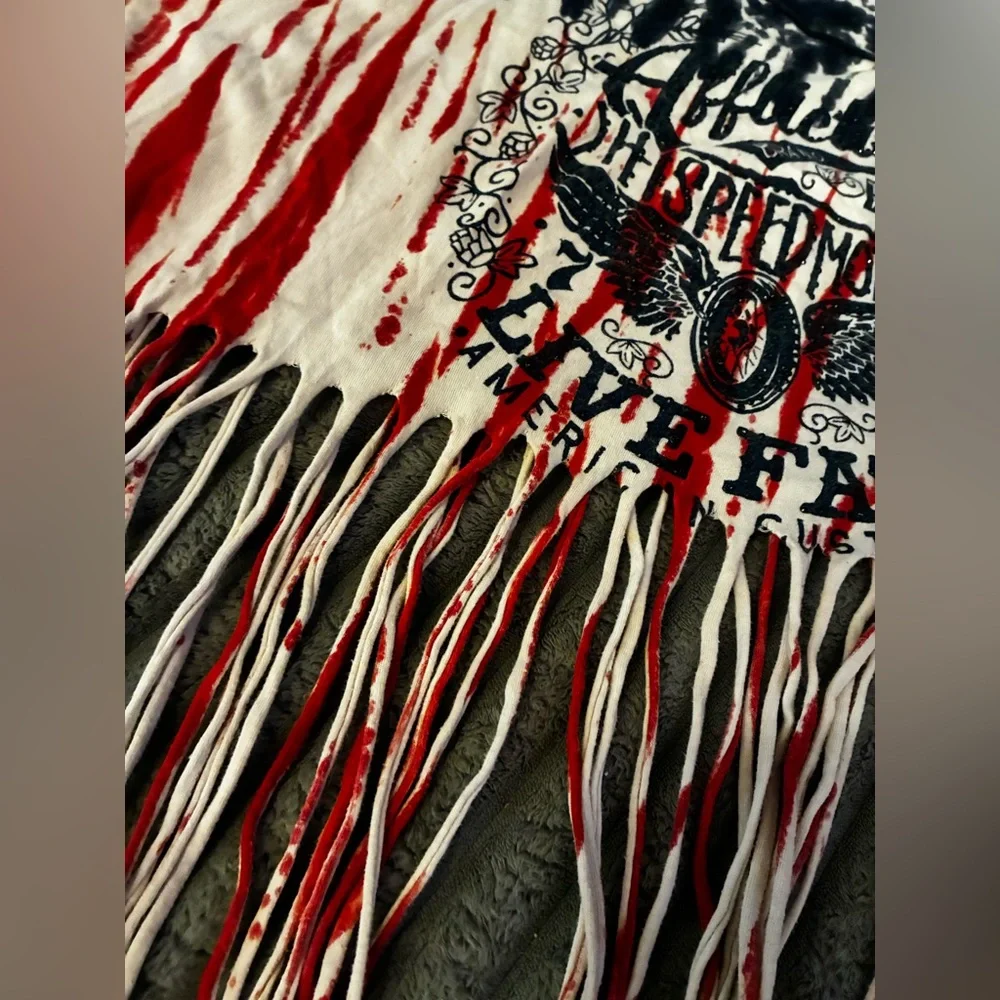 Affliction Red and Black Tie-Dye Fringe Top - Picture 2 of 8